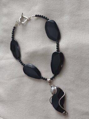 Onyx black silver necklace - vintage, handmade, one of a kind, chunky beautiful